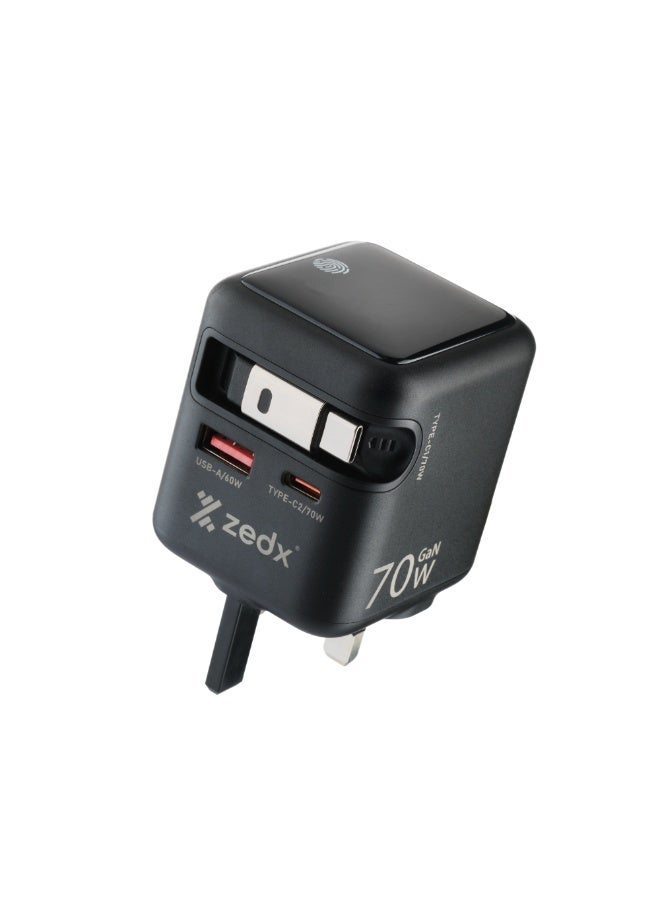 ZEDX ZE-09 PowerCube70 GaN Wall Charger 70W PD + 60W QC Fast Charging Adapter with Retractable Type-C Cable UK Plug Black - Image 1