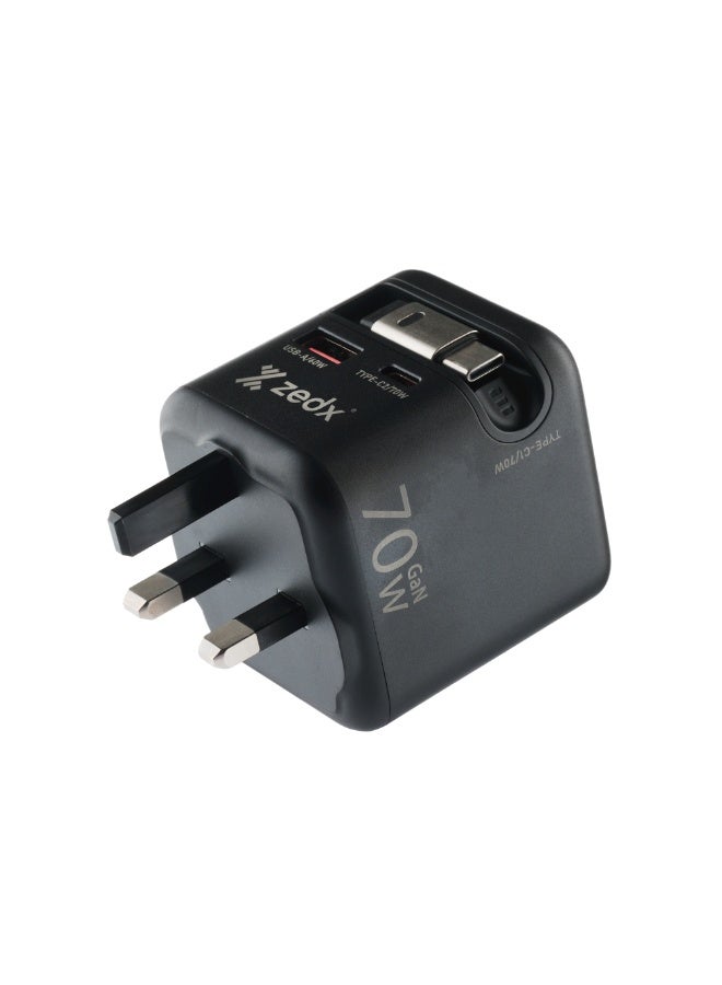ZEDX ZE-09 PowerCube70 GaN Wall Charger 70W PD + 60W QC Fast Charging Adapter with Retractable Type-C Cable UK Plug Black - Image 2