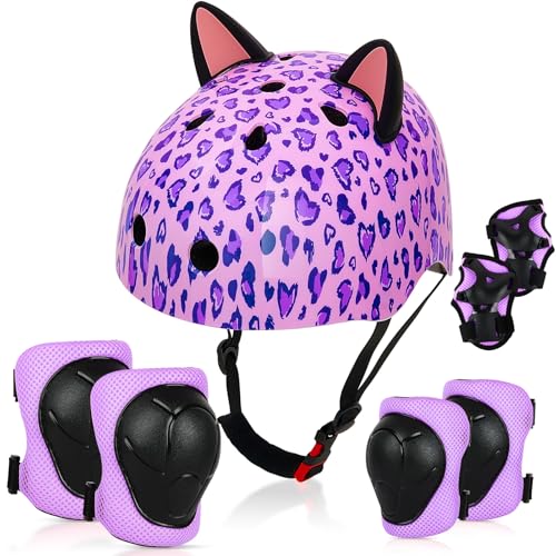 FIODAY Kids Helmet, Bike Helmets for Kids 8-14 with Knee Pads and Elbow Pads Wrist Guards, Adjustable Youth Girls Bike Helmet with DIY Cat Ears Skateboard Helmet for Scooter Skating Cycling - Image 1