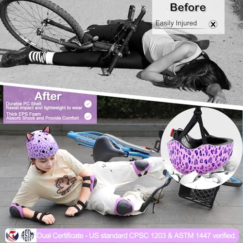 FIODAY Kids Helmet, Bike Helmets for Kids 8-14 with Knee Pads and Elbow Pads Wrist Guards, Adjustable Youth Girls Bike Helmet with DIY Cat Ears Skateboard Helmet for Scooter Skating Cycling - Image 3