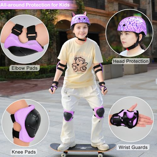 FIODAY Kids Helmet, Bike Helmets for Kids 8-14 with Knee Pads and Elbow Pads Wrist Guards, Adjustable Youth Girls Bike Helmet with DIY Cat Ears Skateboard Helmet for Scooter Skating Cycling - Image 2