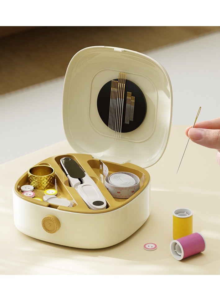 Magnetic Sewing Kit with Double Compartments - Portable Needle Case Includes 16 Color Threads, 20 Needles & Scissors & Button & Measuring Tape | Suit for Students, Travelling, Home Use (12x12.5*5.2cm) - Beige  - Image 1