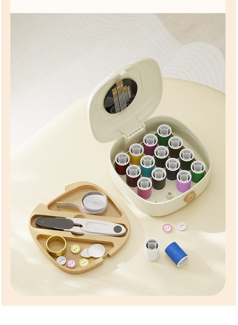 Magnetic Sewing Kit with Double Compartments - Portable Needle Case Includes 16 Color Threads, 20 Needles & Scissors & Button & Measuring Tape | Suit for Students, Travelling, Home Use (12x12.5*5.2cm) - Beige  - Image 3