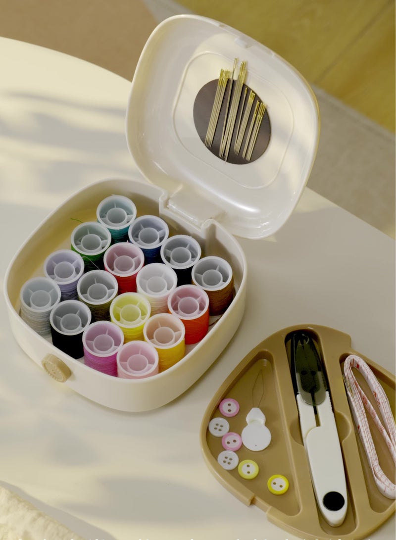 Magnetic Sewing Kit with Double Compartments - Portable Needle Case Includes 16 Color Threads, 20 Needles & Scissors & Button & Measuring Tape | Suit for Students, Travelling, Home Use (12x12.5*5.2cm) - Beige  - Image 4