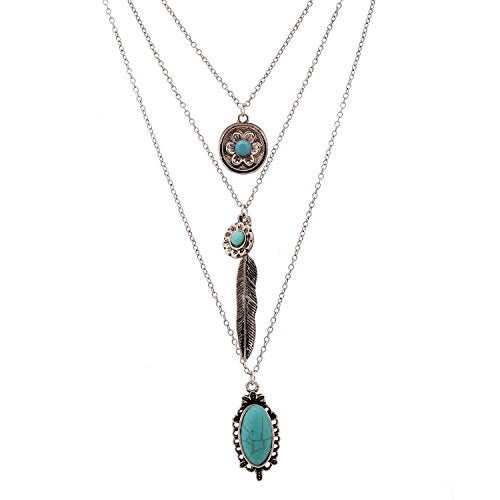 LUREME Vintage Multi Layered Chain Turquoise Stone Flower Metal Feather Pendant Necklace (01003373) (Antique Silver) - Image 1