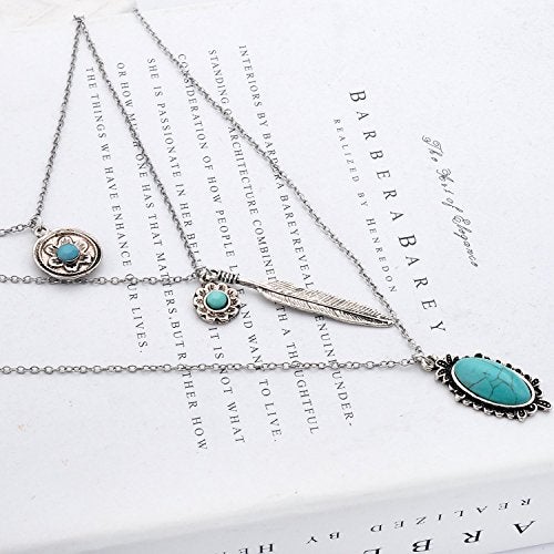 LUREME Vintage Multi Layered Chain Turquoise Stone Flower Metal Feather Pendant Necklace (01003373) (Antique Silver) - Image 3