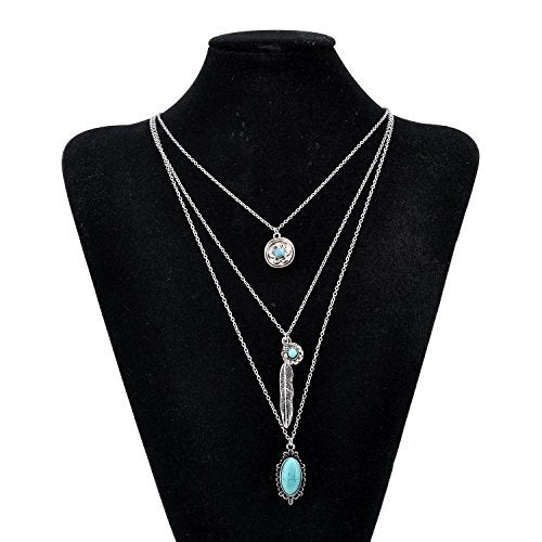LUREME Vintage Multi Layered Chain Turquoise Stone Flower Metal Feather Pendant Necklace (01003373) (Antique Silver) - Image 2