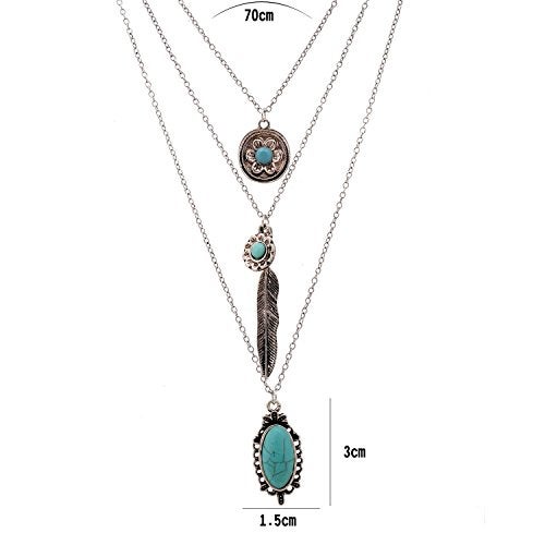 LUREME Vintage Multi Layered Chain Turquoise Stone Flower Metal Feather Pendant Necklace (01003373) (Antique Silver) - Image 4