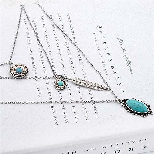 LUREME Vintage Multi Layered Chain Turquoise Stone Flower Metal Feather Pendant Necklace (01003373) (Antique Silver) - Image 5