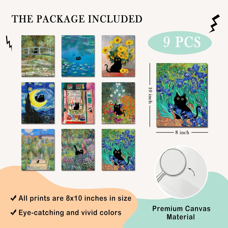 Kizbok Funny Black Cat Poster Set of 9, Vintage Monet Matisse Van Gogh Black Cat Wall Art Prints, Retro Black Cats in Famous Paintings Posters Prints, Cute Colorful Cats Aesthetic Pictures Wall Decor for Bathroom Bedroom Dorm Home Decor (8x10 UNFRAMED) - Image 2