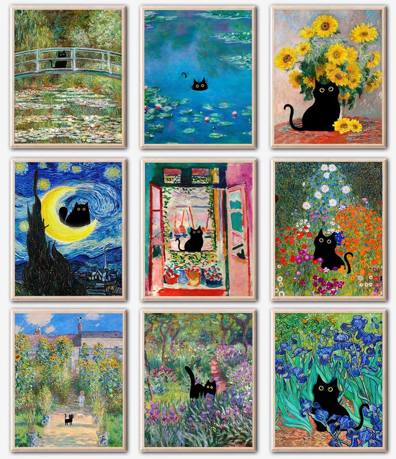 Kizbok Funny Black Cat Poster Set of 9, Vintage Monet Matisse Van Gogh Black Cat Wall Art Prints, Retro Black Cats in Famous Paintings Posters Prints, Cute Colorful Cats Aesthetic Pictures Wall Decor for Bathroom Bedroom Dorm Home Decor (8x10 UNFRAMED) - Image 1