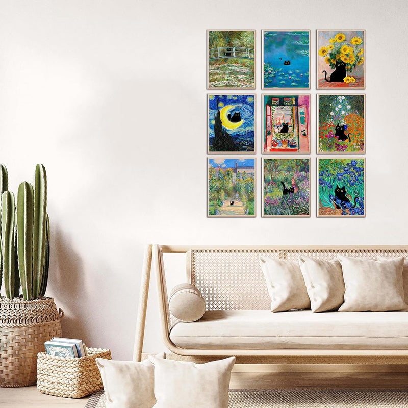Kizbok Funny Black Cat Poster Set of 9, Vintage Monet Matisse Van Gogh Black Cat Wall Art Prints, Retro Black Cats in Famous Paintings Posters Prints, Cute Colorful Cats Aesthetic Pictures Wall Decor for Bathroom Bedroom Dorm Home Decor (8x10 UNFRAMED) - Image 3