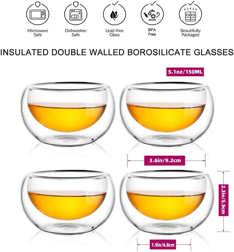 CnGlass Tea Cups Set of 4 Double Wall Glass Tea Cup, 5.1oz Asian Insulated Clear Teacups 150ML,Small Espresso Cup for Coffee - Image 2