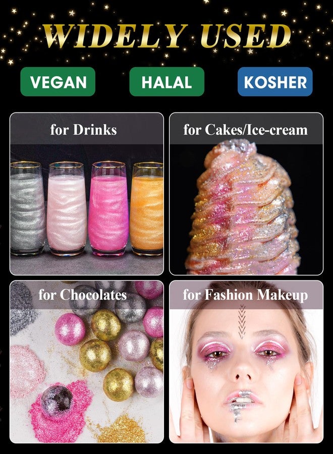 NiHome Edible Luster Dust Glitter Powder Fancy Metallic Sprinkles, Glimmer Luster Dust 4 Bottles of 0.18oz/5g for Decorating Drinks Cakes in Bakeries, Allergen-Free Food Coloring (4 Colors 20g) - Image 2