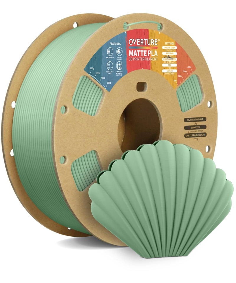 OVERTURE Matte PLA 3D Printer Filament 175mm Matt Surface Low Warping Filament 1kg Spool 22 lbs Accuracy 002 mm Fit Most FDM Printers Matte Light Green