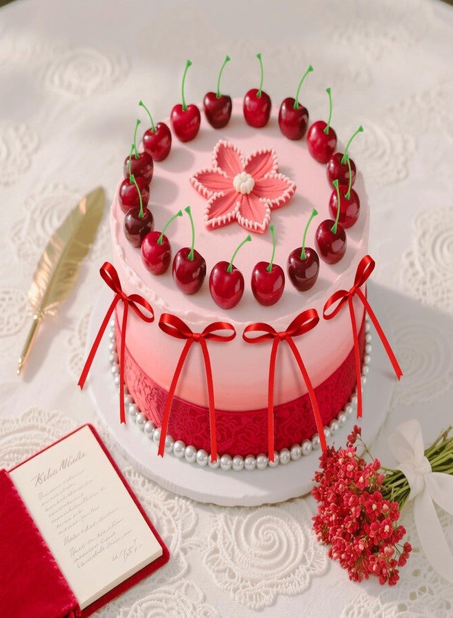 linastu 26 Pcs Cherry Cake Decorations & Red Bows Cake Toppers Decor, Artificial Fake Cherries Fruit for Birthday, Valentine's, Wedding & Anniversary Cakes - Image 2