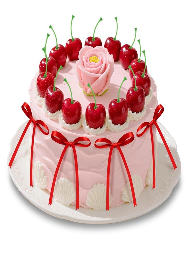 linastu 26 Pcs Cherry Cake Decorations & Red Bows Cake Toppers Decor, Artificial Fake Cherries Fruit for Birthday, Valentine's, Wedding & Anniversary Cakes - Image 1