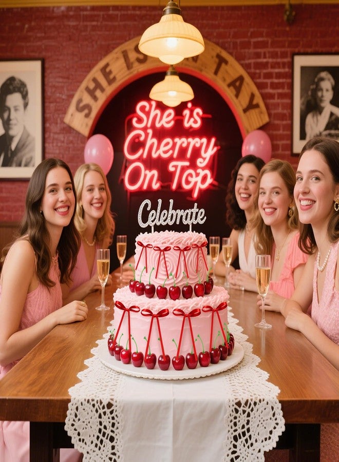 linastu 26 Pcs Cherry Cake Decorations & Red Bows Cake Toppers Decor, Artificial Fake Cherries Fruit for Birthday, Valentine's, Wedding & Anniversary Cakes - Image 4