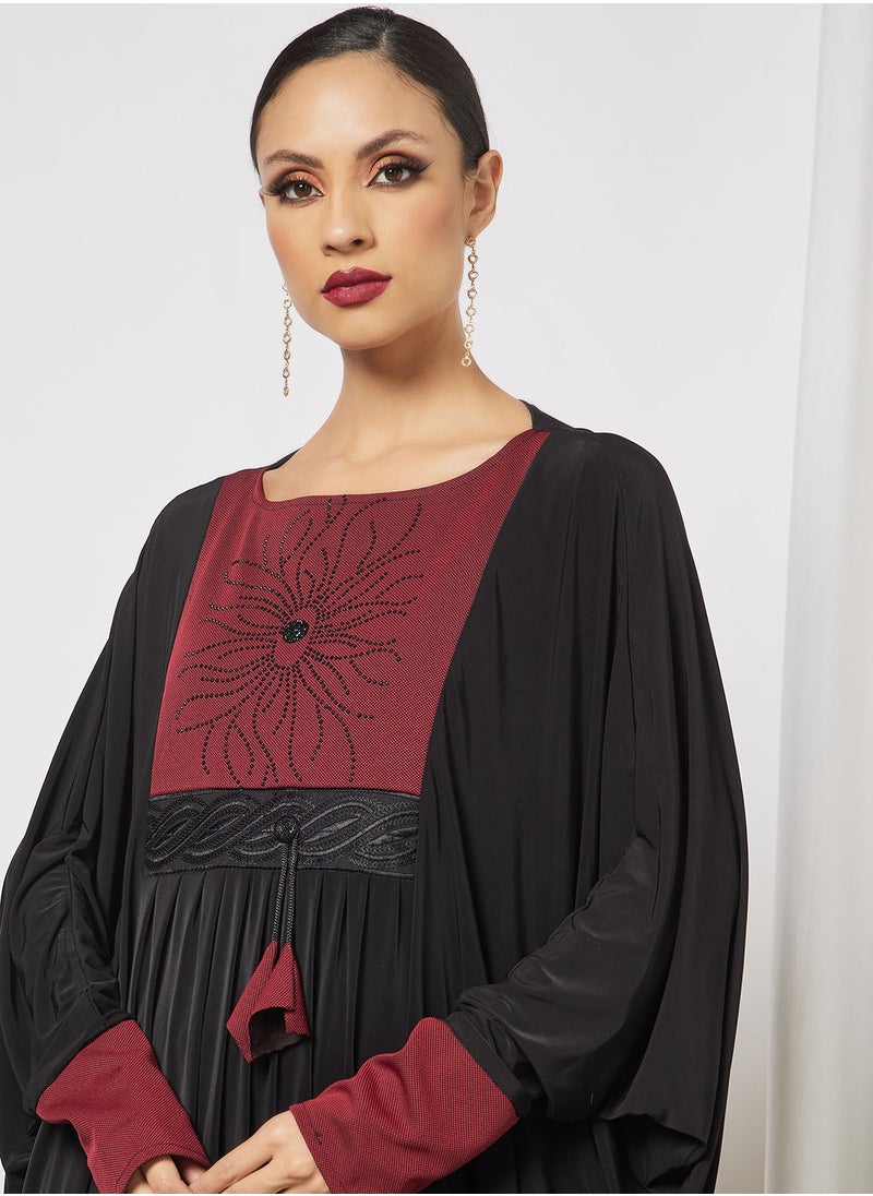 Hayat - Jersey Abaya With Contrasting Panel And Front Embroidery - Image 1