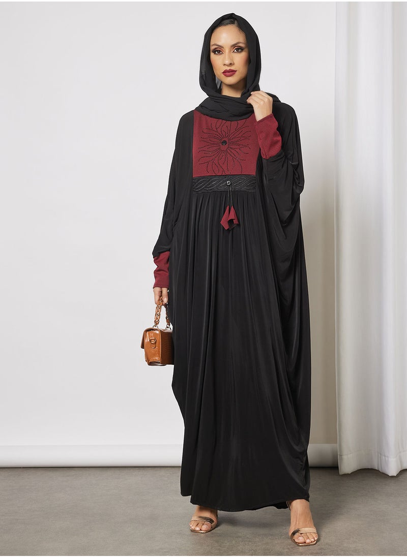 Hayat - Jersey Abaya With Contrasting Panel And Front Embroidery - Image 1
