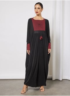 Jersey Abaya With Contrasting Panel And Front Embroidery