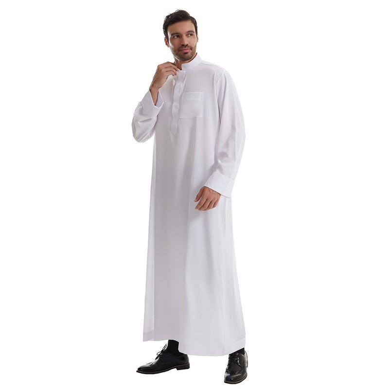 Men's Long Sleeve Stand Collar Ethnic Kurta with Patchwork Design, Lightweight Polyester Cotton Blend Pullover - Image 1