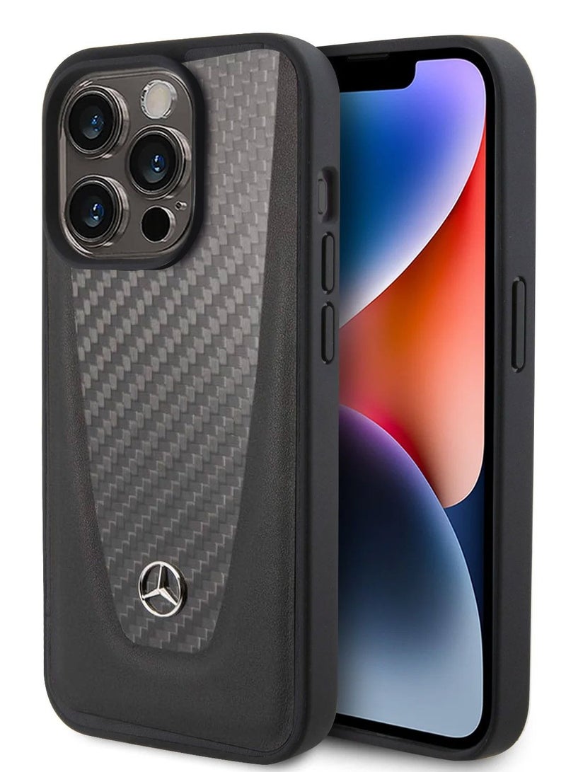 Leather Hard Case Smooth Leather, Carbon Fiber & Metal Star Logo for iPhone 14 Pro (6.3") - Black - Image 1