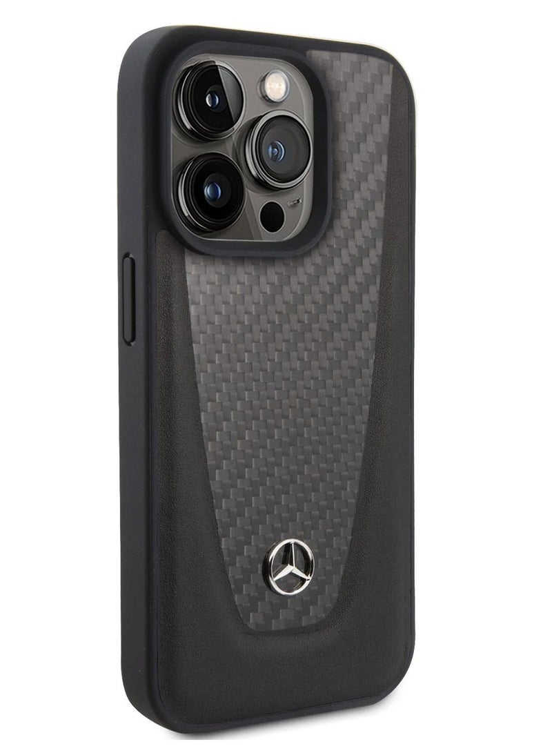 Leather Hard Case Smooth Leather, Carbon Fiber & Metal Star Logo for iPhone 14 Pro (6.3") - Black - Image 2