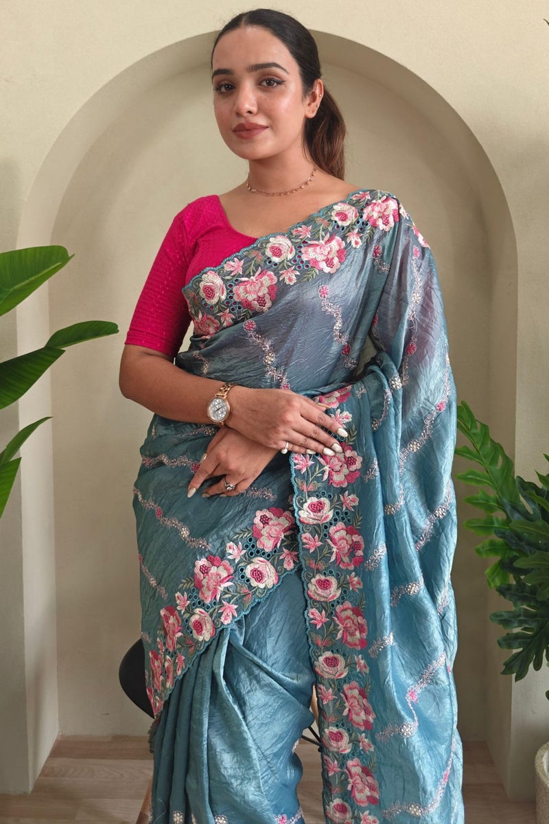 SGF11 Women's Tissue Silk Embroidery Work Saree With Unstitched Blouse Piece (Blue) - Image 3