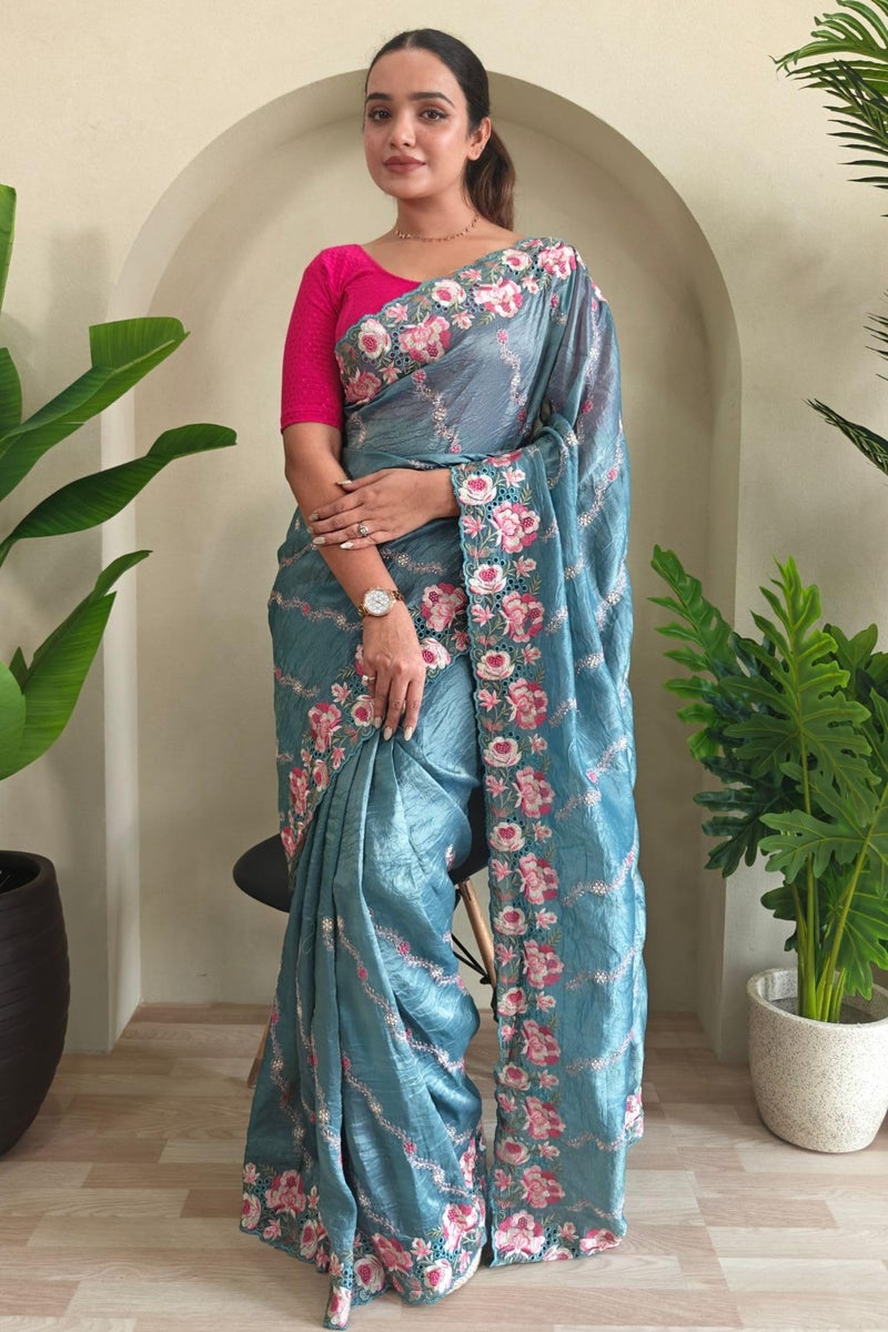 SGF11 Women's Tissue Silk Embroidery Work Saree With Unstitched Blouse Piece (Blue) - Image 2