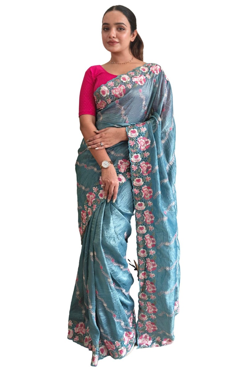 SGF11 Women's Tissue Silk Embroidery Work Saree With Unstitched Blouse Piece (Blue) - Image 1
