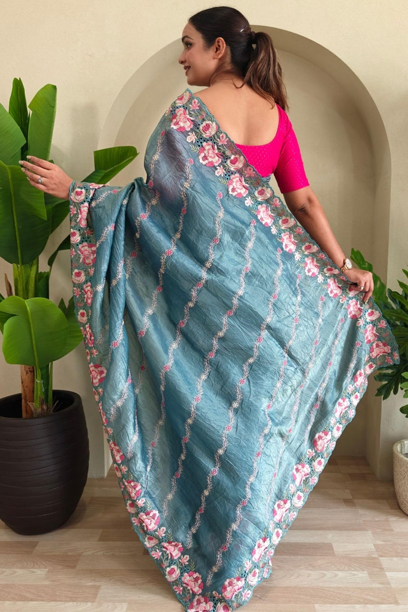 SGF11 Women's Tissue Silk Embroidery Work Saree With Unstitched Blouse Piece (Blue) - Image 4