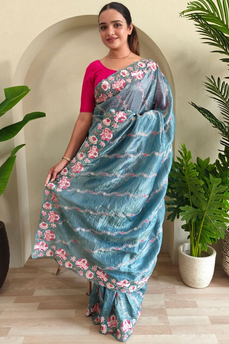 SGF11 Women's Tissue Silk Embroidery Work Saree With Unstitched Blouse Piece (Blue) - Image 5