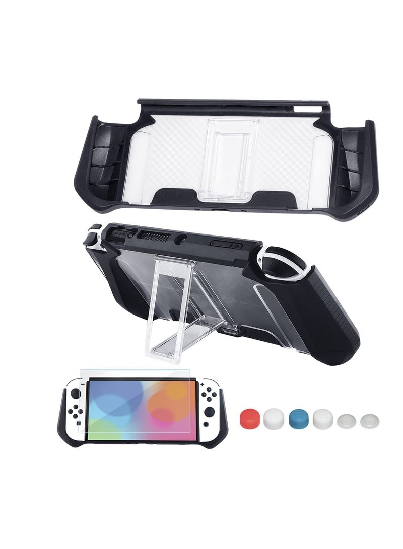 KASTWAVE Protective Case with adjustable stand for Switch (OLED model), TPU Protective Case cover, with Tempered Screen Protector, Thumb Grip (Black)