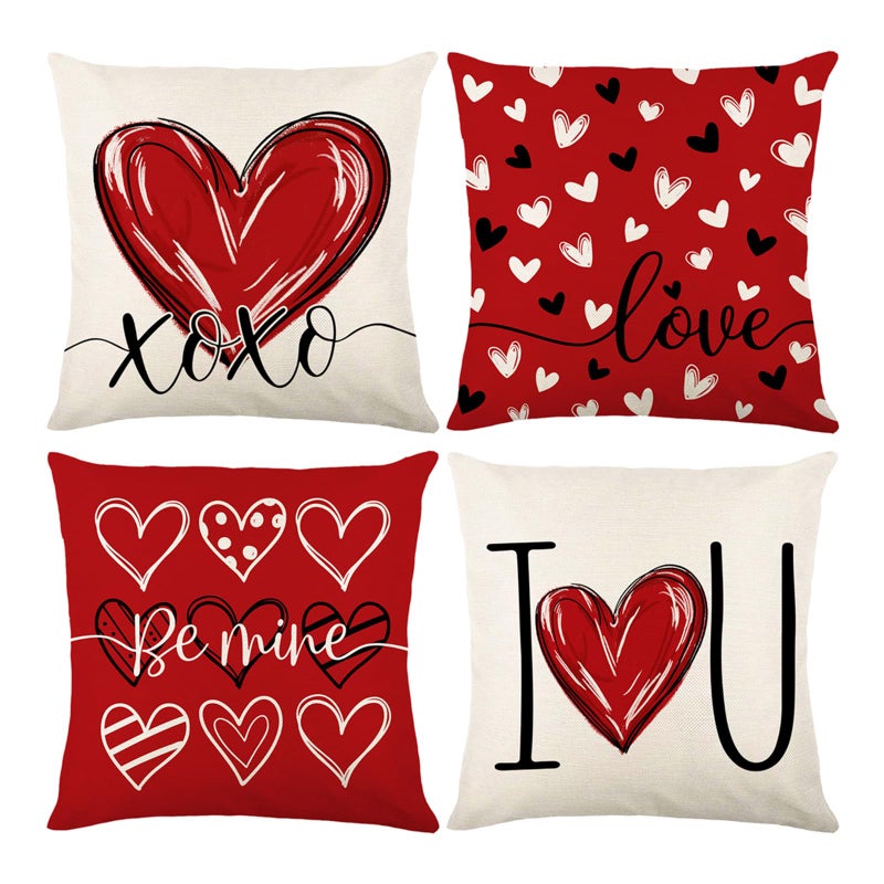 Onfaon Valentines Day Decorations-Valentines Day Pillow Covers 18X18 Inch Set Of 4 Red Heart Love You More For Large Couch Sofa Home Indoor Outdoor Holiday Decorations - Image 1