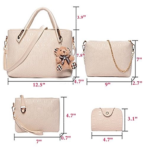 FiveloveTwo Women 4 Pcs Top Handle Satchel Hobo Handbag Set Large Tote +Purse +Shoulder Bag+Card Holder Beige - Image 2