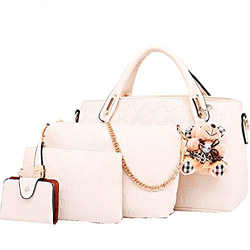 FiveloveTwo Women 4 Pcs Top Handle Satchel Hobo Handbag Set Large Tote +Purse +Shoulder Bag+Card Holder Beige - Image 1