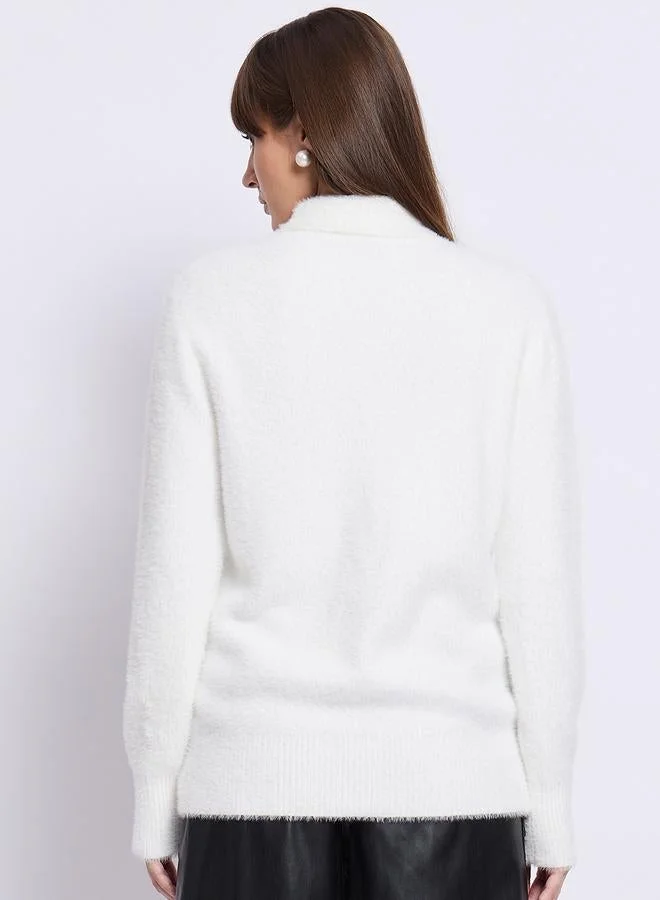 Femmella  White Fuzzy High Neck Sweater for Women | Best Price UAE