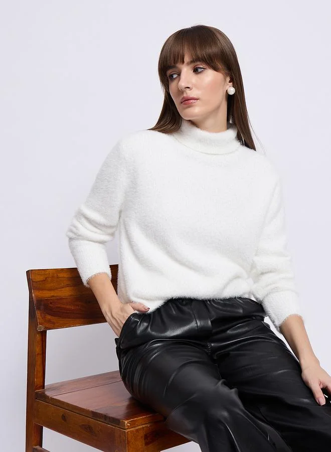 Femmella  White Fuzzy High Neck Sweater for Women | Best Price UAE