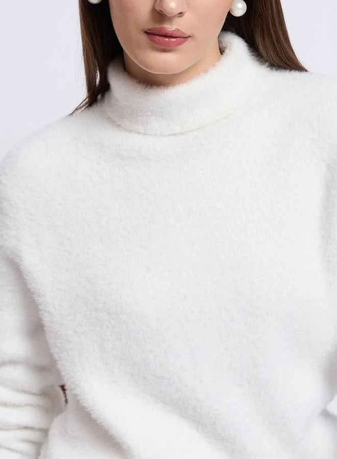 Femmella  White Fuzzy High Neck Sweater for Women | Best Price UAE