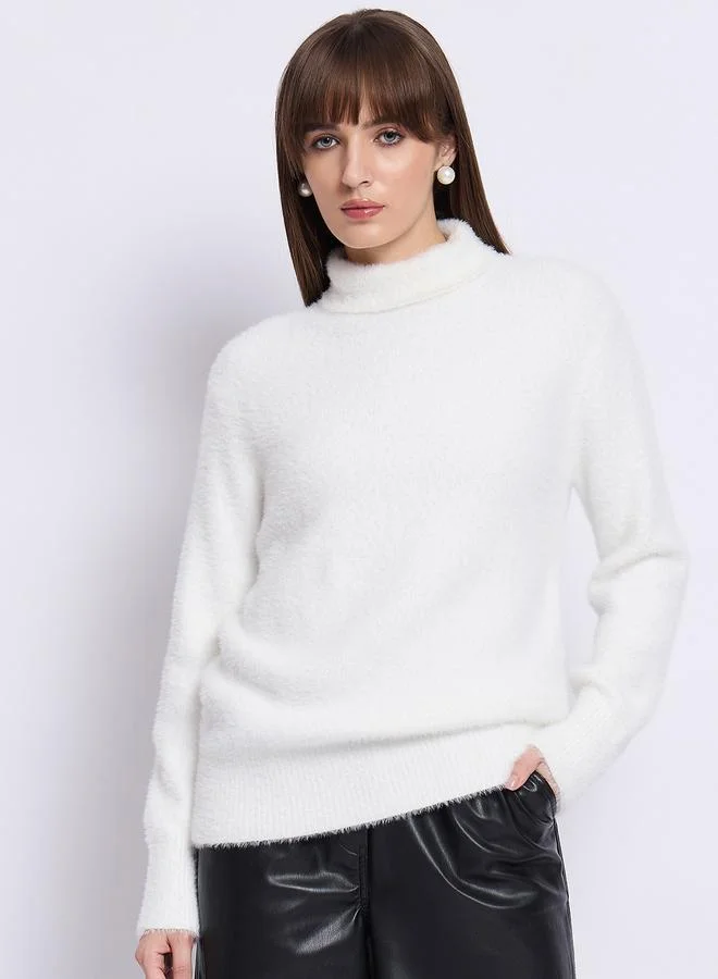 Femmella  White Fuzzy High Neck Sweater for Women | Best Price UAE