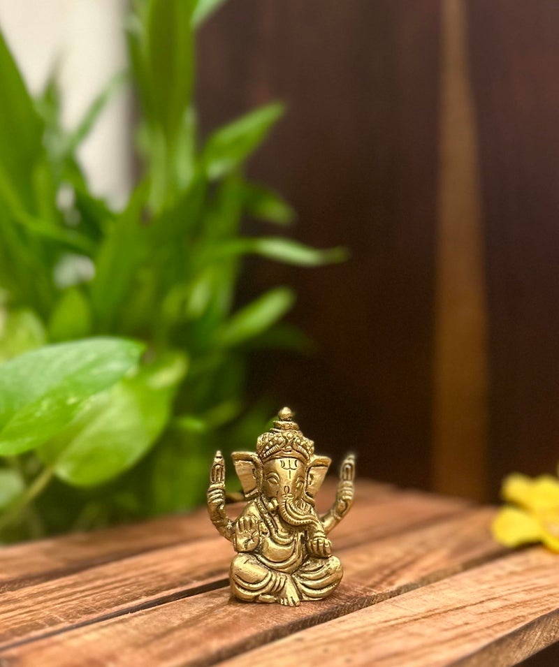 Laya-The Handicrafts Gallery Laya 100% Pure Brass Ganesha Idol | Small Sitting Ganesha Idol for Home Decor, Pooja, Gifting & Car Dashboard | Brass Ganesha Statue - Image 1