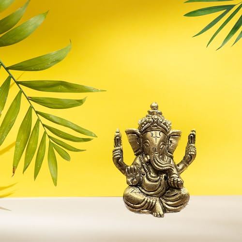 Laya-The Handicrafts Gallery Laya 100% Pure Brass Ganesha Idol | Small Sitting Ganesha Idol for Home Decor, Pooja, Gifting & Car Dashboard | Brass Ganesha Statue - Image 3