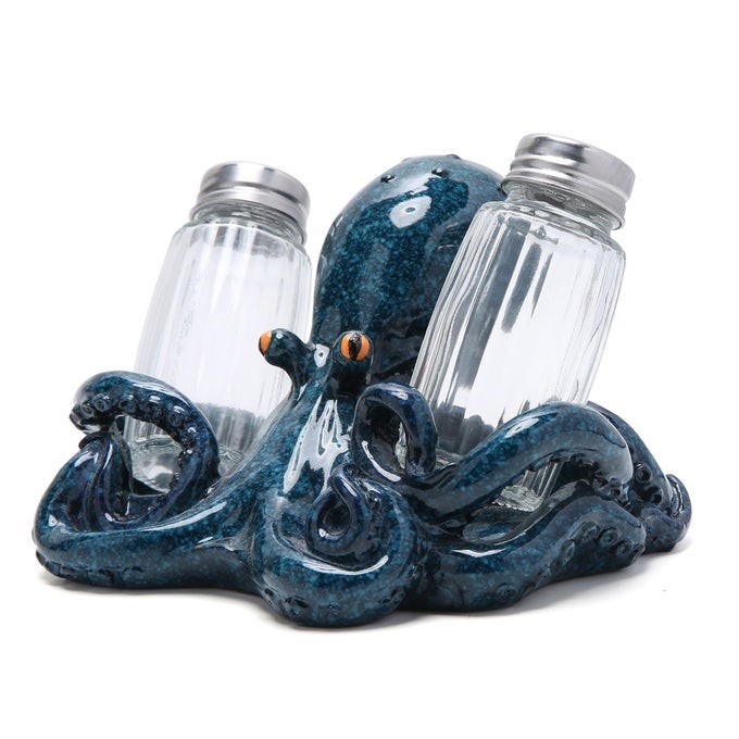 OCTOPUS WITH SALT AND PEPPER SHAKER FIGURINES DECORATIONS OCTOPUS SET WITH HOLDER FIGURINE FOR BEACH BAR OR TROPICAL KITCHEN DECOR OCTOPUS TABLE DECORATIONS BY HOME GIFTS OCTOPUS