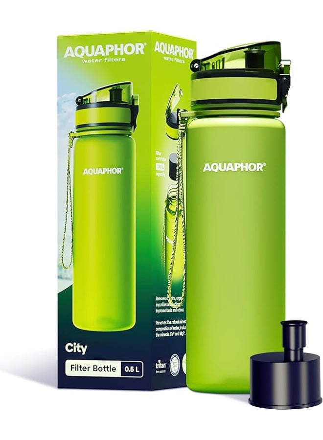 Aquaphor City Bottle 500ml Green | Travel Water Bottle with Activated Carbon Filter | Filters Chlorine & Impurities | Made of Tritan & BPA-Free | Stay Hydrated On the Go!  - Image 1