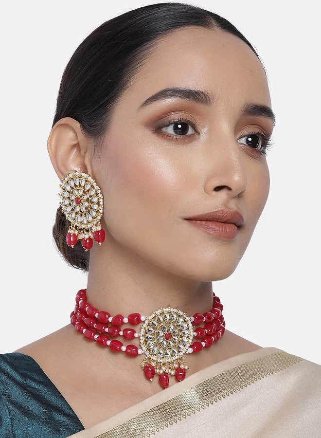 Aheli Ethnic Kundan Choker Necklace Indian Traditional Bollywood Bharatanatyam jewellery Set with Earrings Gift for Women Maroon - Image 2