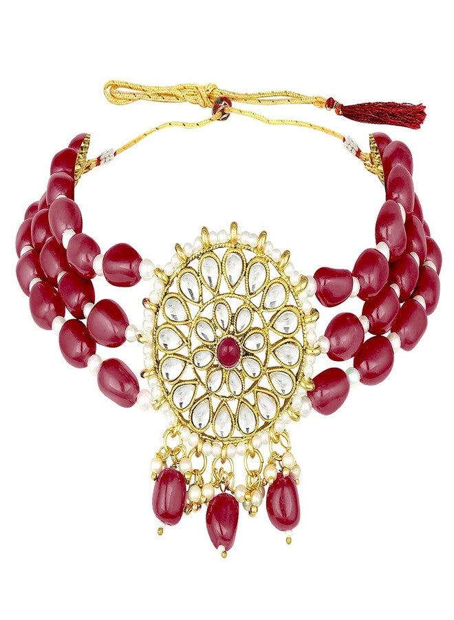 Aheli Ethnic Kundan Choker Necklace Indian Traditional Bollywood Bharatanatyam jewellery Set with Earrings Gift for Women Maroon - Image 4