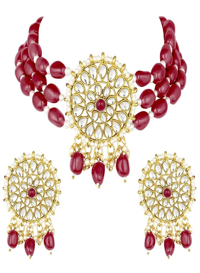 Aheli Ethnic Kundan Choker Necklace Indian Traditional Bollywood Bharatanatyam jewellery Set with Earrings Gift for Women Maroon - Image 1