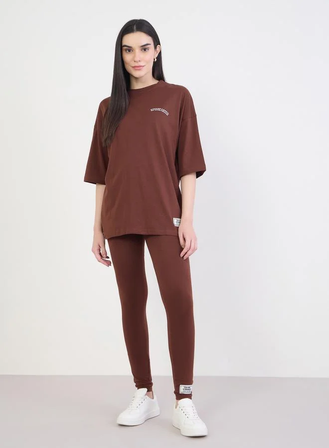 Styli Women Brown Oversized T-Shirt and Leggings Co-Ords