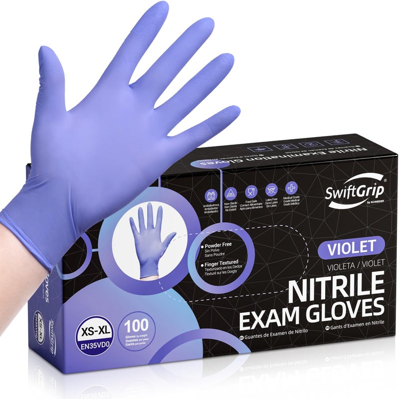 SwiftGrip Disposable Nitrile Exam Gloves, 3mil, Medium, Box of 100, Violet Nitrile Gloves Disposable Latex Free for Medical, Cleaning, Cooking & Esthetician, Food-Safe, Powder-Free, Purple - Image 1